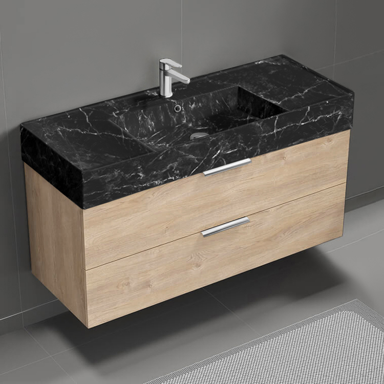 Nameeks DERIN944 48 Inch Bathroom Vanity With Black Marble Design Sink, Floating, Brown Oak